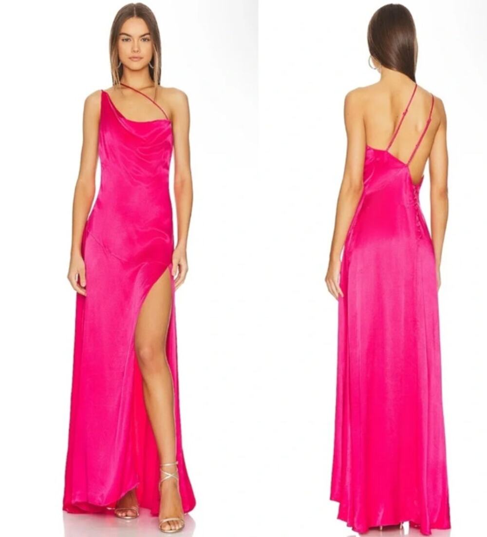 ELLIATT Belmont Gown Satin One Shoulder Draped Maxi Silky Strappy Backless Pink
